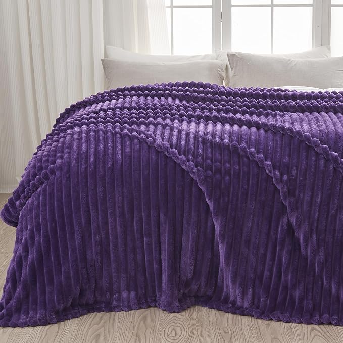 NEWCOSPLAY Fleece Ribbed Cozy King Blanket for Couch, Purple, 90"x110" | Premium Silky Flannel Blanket, Soft Lightweight Fluffy Throw Blanket for Bed Sofa Decor, Gift for All Season Use