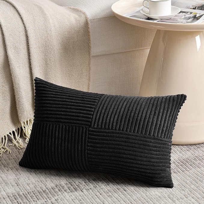 Fancy Homi Set of 1 Black Long Lumbar Decorative Throw Pillow Covers 16x24 Inch for Couch Bed Sofa, Rustic Farmhouse Boho Home Decor, Soft Striped Corduroy Rectangle Accent Cushion Case 40x60 cm