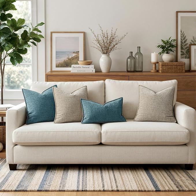 MIULEE Decorative Couch Throw Pillow Covers 20x20 Inch Light Taupe 2 Pack | Neutral Farmhouse Pillow Covers with Stitched Edge, Soft Chenille Cushion Cases, for Sofa Bed Living Room Home Decor