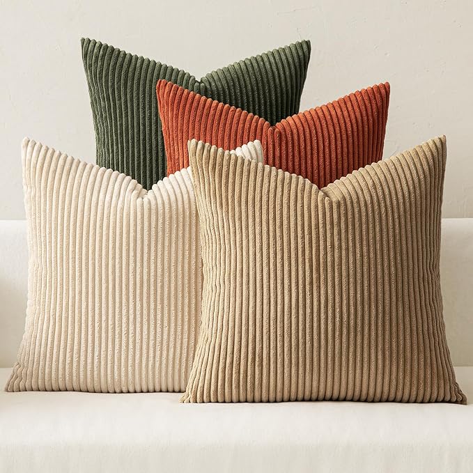 MIULEE Fall Corduroy Decorative Throw Pillow Covers Rust-Olive Green 16x16 | Set of 4, Vintage Fall Decor, Rustic Brown Green Collection, Boho Farmhouse Cushion Covers for Couch Bed Sofa Living Room