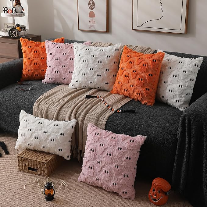 DFXSZ Halloween Pillow Covers 24x24 inch 2Pcs White Ghost Halloween Decor | Halloween Decorations Set of 2 Throw Pillow Cases Plush Faux Fur Wool Cushion for Chair Sofa Bedroom Living Room Home Decor