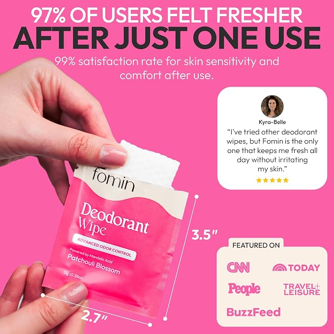 FOMIN Acidified Travel Deodorant Wipes For Women & Men - 50 Count - Patchouli Blossom - pH Balanced, Mini Deodorant Travel Size Wipe - Plastic-Free, Individually Wrapped Underarm Body Wipes