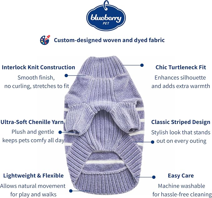 Blueberry Pet Cozy Soft Chenille Classy Striped Dog Sweater in Stonewash Blue, Back Length 12", Pack of 1 Clothes for Dogs