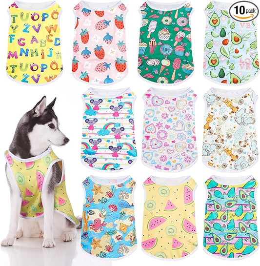 10 Pack Dog Shirts Cute Summer Cartoon Puppy Clothes, Soft Breathable Pet T-Shirts, Printed Sleeveless Washable for Small Medium Dogs Cats(X-Large)