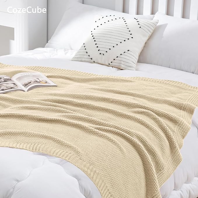 CozeCube Light Beige Seed Stitch Throw Blanket 60"x80", Farmhouse Decor | Blanket for Couch, Soft Cozy Cable Knit Throw for Bed Sofa Living Room, Lightweight Warm Decorative Christmas Blanket