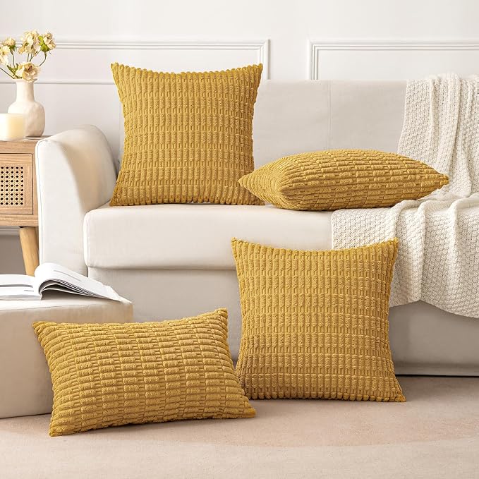 MIULEE Corduroy Decorative Throw Pillow Covers 20x20 Yellow Pack of 2 | Soft Boho Striped Pillow Covers Modern Farmhouse Home Decor For Sofa Living Room Couch Bed