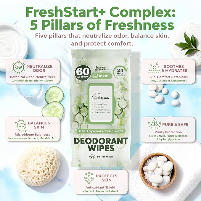XL Deodorant Wipes for Women - 60 Ct. + 4 Travel Body Wipes Individually Wrapped - 8"x8" Odor Eliminator Towelettes for Underarm, Body, Feet - pH Balanced Armpit Smell Remover for Gym & Post Workouts
