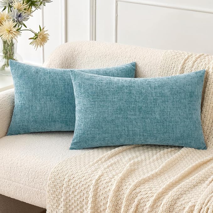 MIULEE Soft Chenille Lumbar Throw Pillow Covers Smoke Blue 12x20 Pack of 2 | Modern Coastal Home Decor, Classic Decorative Pillows, Solid Dyed Cases, Boho Couch Cushion Covers for Sofa Bed Living Room