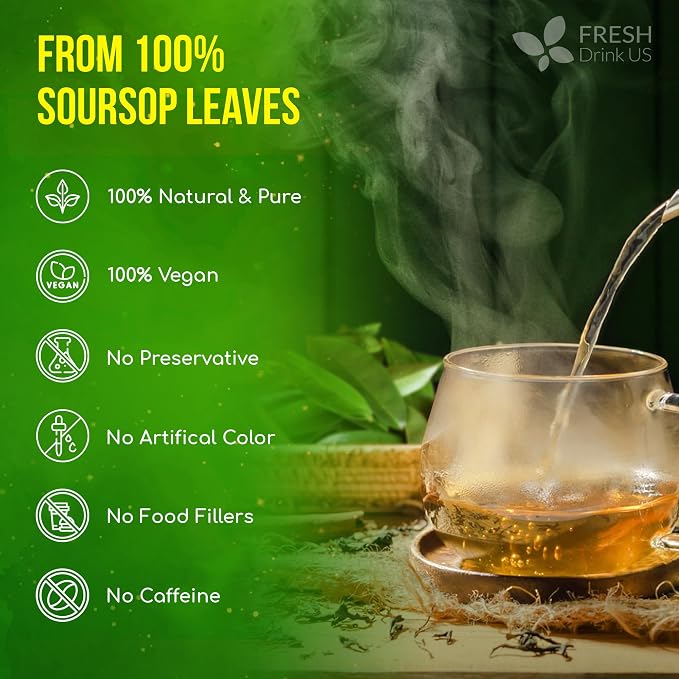 FreshDrinkUS, 330-350 Premium Soursop Dried Leaves Tea, 115 Cups, Hojas De Guanabana Whole Leaves, Wildcrafted, Graviola, Soursop, Guanabana Tea, Loose Leaf Herbal Tea, Gluten/Sugar/Caffeine Free