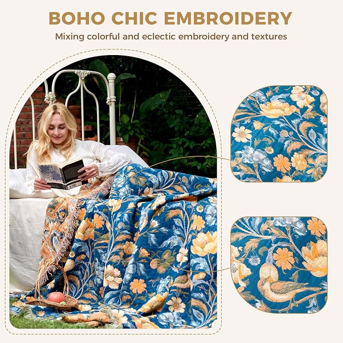 LUTBM Boho Throw Blanket for Bed 60"x80", All Season Cotton Couch Blankets | Blue Reversible Floral Birds Jacquard, Soft All-Season Twin Lightweight Quilt, For Chair Sofa Bedroom Living Room, Home Decor