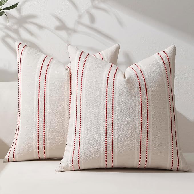 Hckot Christmas Pillow Covers 18x18 Set of 2 Winter Decorative Pillows Red | Striped Linen Throw Pillow Covers Square Cushion Covers for Sofa Couch Bed Living Room Xmas Decorations(Red)