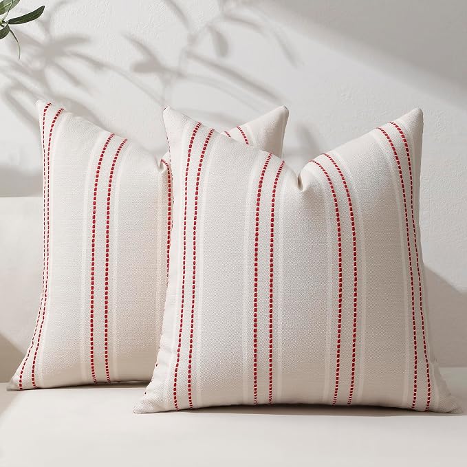Hckot Christmas Throw Pillow Covers 22x22 Set of 2 Xmas Decor Pillows Red | Textured Striped, Xmas Decorations, Winter Holiday Decorative Pillow Covers, Sofa Living Room Farmhouse Decor
