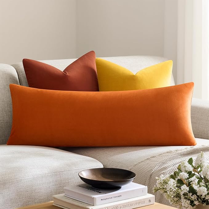 Throw Pillow Covers Lumbar 14x36 Inch Velvet Pillow Covers, Soft Decorative Burnt Orange Pack of 1 Long Pillow Case for Couch Cushion Chair Sofa Bed Living Room