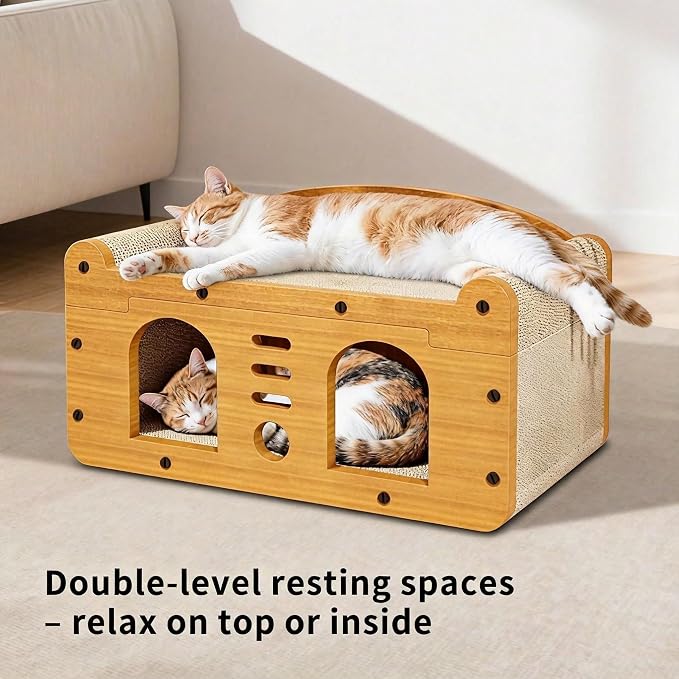 3-in-1 Scratcher Cat House – Save Your Furniture Combines Play Cave, Cozy Bed & Scratching Pad. Durable Cardboard, Reduces Stress. Ideal for Indoor Cats Who Love to Scratch, Play & Nap (MD-DOOR1)