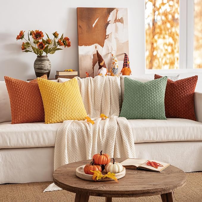 MIULEE Fall Burnt Orange Decorative Throw Pillow Covers 18x18 Set of 4 | Modern Striped Cushion Covers Soft Corduroy Pillowcase Autumn Terracotta Home Decor for Bed Sofa Living Room