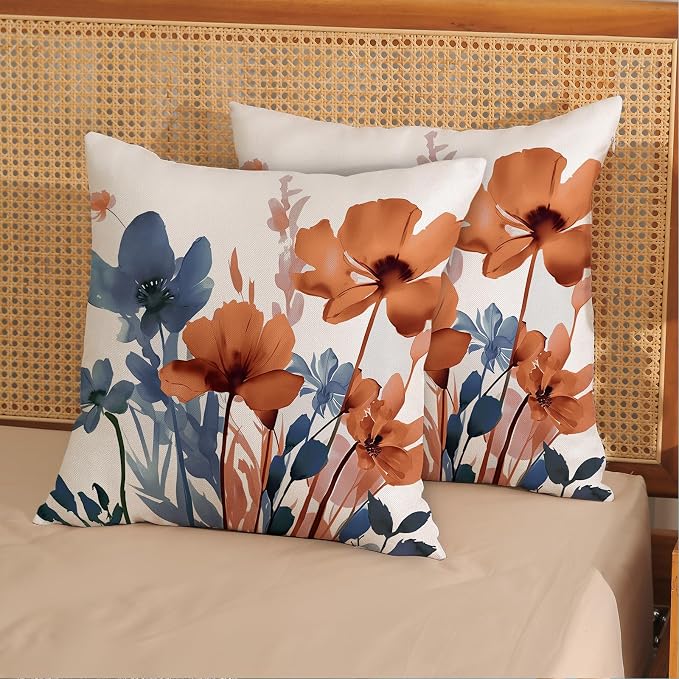 Fall Blue Orange Floral Throw Pillow Covers 18x18 Inches Set of 2 | Spring Summer Flower Pillow Covers Outdoor Rustic Decor Pillowcase Farmhouse Decorative Cushion Cover For Home Sofa