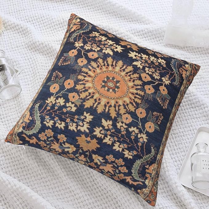 Persian Floral Rug Print Navy Blue Pillow Covers Decorative Square Throw Pillowcase 18x18 Inch Couch Cushion Cover for Home Decor Living Room Bedroom College Dorm Bed Car Sofa