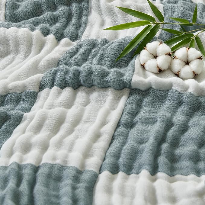 EMME Cooling Muslin Queen Blanket for Bed - Checkered Lightweight Summer Cotton Blankets of Rayon Derived from Bamboo for Hot Sleepers, Ultra Soft Breathable Gauze