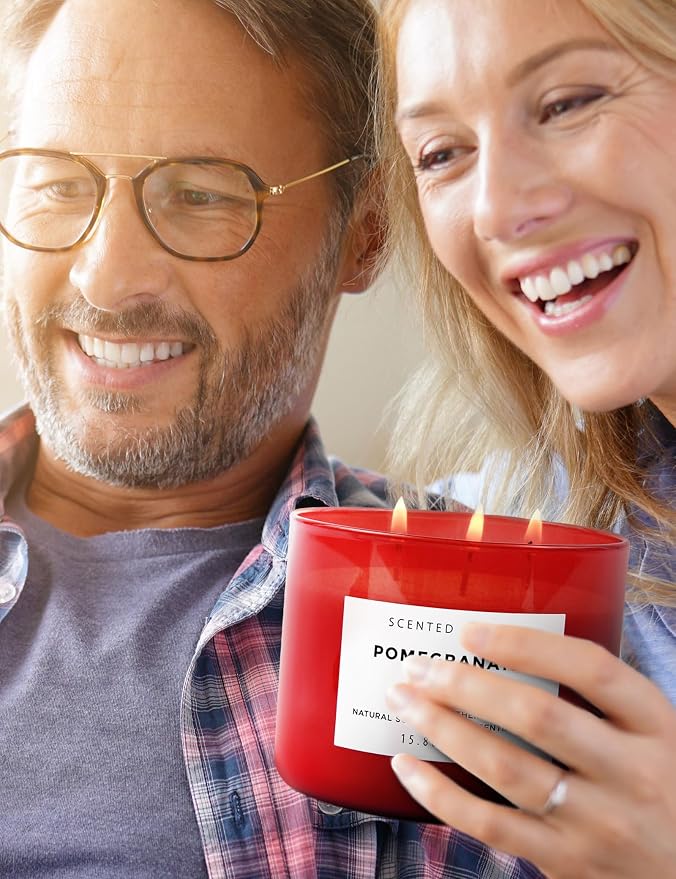 Pomegranate Noir Scented Soy Candle - Large 3-Wick Aromatherapy Candle for Home, 15.8oz - Sweet Fruity Vanilla Stress Relief Candle - Luxury Gift for Women & Men