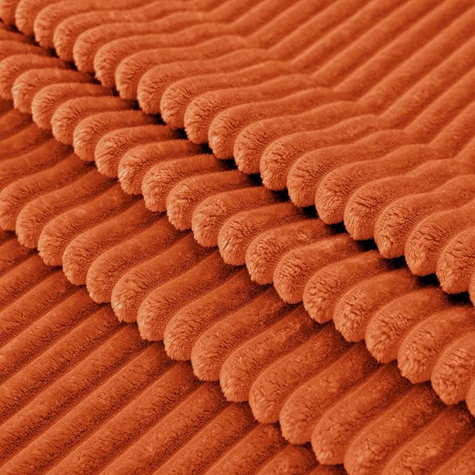 Vessia Flannel Fleece Orange Throw Blanket for Couch, Lightweight Warm Cozy Soft Striped Bed Throw for Adults and Kids, Microfiber Ribbed Sofa Blanket for All Season