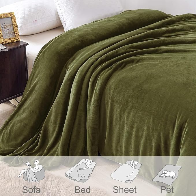 Exclusivo Mezcla Soft Fleece Blanket Queen Size for Bed, Olive Green | 90x90 Inches, Double-Sided Brushed Flannel, Lightweight Plush Cozy Blanket for Home Decor, All Season, Machine Washable