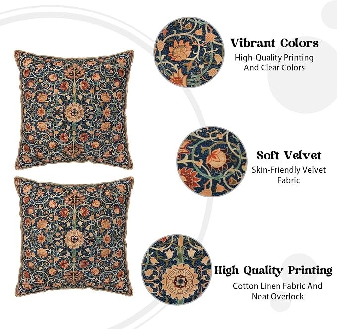 Vintage Floral Soft Velvet Throw Pillow Covers Set of 2 Burnt Orange Navy Flowers Plant Decorative Pillow Covers 16x16 Inch Art Botanical Pillow Case For Sofa Couch Outdoor Farmhouse Home Decor