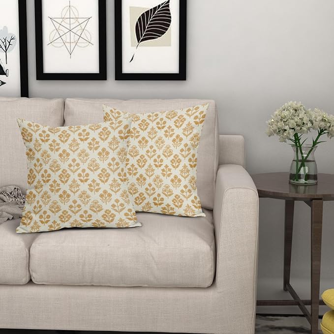 Mustard Yellow Floral Pillow Covers 24x24 Inch Set of 2, Vintage Flower Block Print Pattern Decorative Throw Pillowcases Outdoor Farmhouse Cushion Covers Spring Summer Rustic Sofa Couch Bed Decor