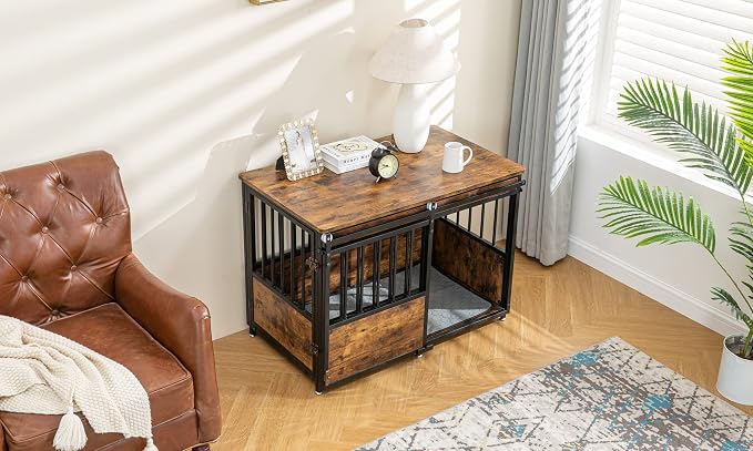 KOOPRO 40" Dog Crate Furniture w/Cushion, Heavy Duty for Large Medium Dogs | Wooden Dog Kennel with Double Doors, Decorative Pet House Dog Cage Side End Table Indoor, Sliding Door Chew-Resistant