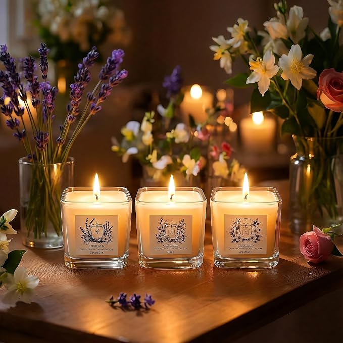 Handmade Natural Soy Scented Candles for Home 3 Pack | Lavender Candle, Rose and Jasmine Aromatherapy, Anthropologie Style Decor, Stress Relief Gifts for Women