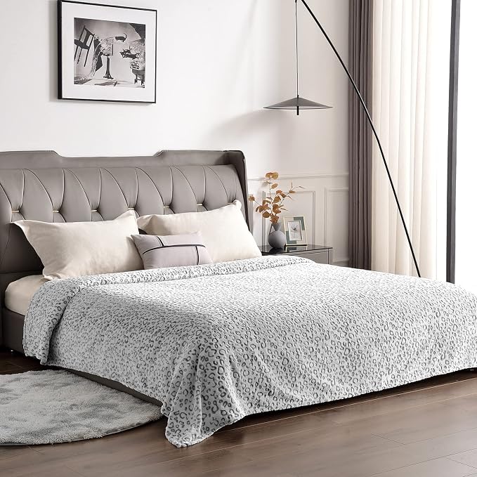 PLEASANT BOULEVARD | Leopard Throw Blanket Fleece, Premium Lightweight Cozy Warm Plush Microfiber Bedspread for Couch Sofa and Bed (Gray, King (108 x 90 inches))