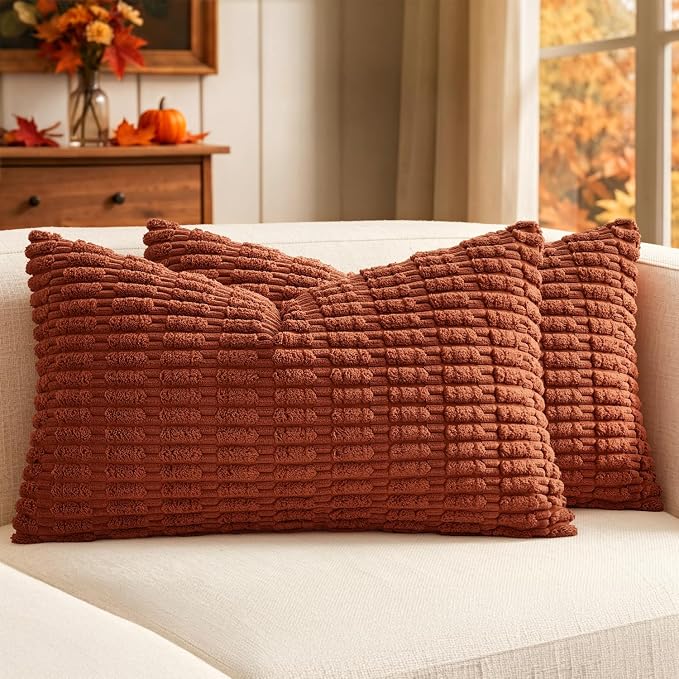 MIULEE Fall Lumbar Corduroy Decorative Throw Pillow Covers 12x20 Rust | Terracotta Pack of 2 Soft Boho Striped Pillow Covers Modern Farmhouse Autumn Home Decor For Sofa Living Room Couch Bed