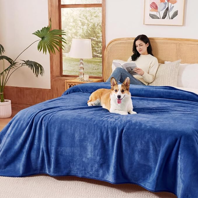 Sunheir Waterproof Blanket for Twin Size Bed - 80"x60" Soft Reversible Sherpa Fleece Flannel Dog Blankets for Large Dogs, Pet Blanket for Bed, Couch, Soft Plush Furniture Protector, Blue