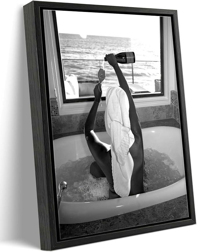 Framed Black and White Fashion Canvas Wall Art Trendy Woman Drinking Wine in Bathtub Picture Wall Decor Luxury Feminist Bathroom Poster Print for Apartment Dorm Home Decoration 12x16in