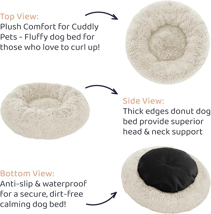 Donut Dog Bed - Premium Comfort for Anxiety Relief - Fluffy & Calming Design with Ultra-Plush Support | Cozy Round Dog Bed with Super Soft Circle Style (Cream, Large)