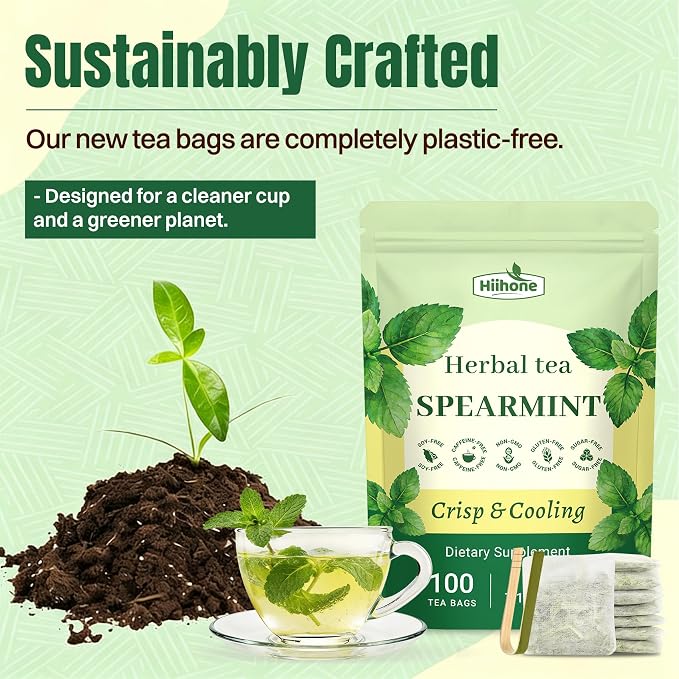 Hiihone Spearmint Tea Bags 100 Count – Pure Spearmint Leaf Herbal Tea, Caffeine-Free, Refreshing Mint Flavor, Supports Digestion & Everyday Wellness, Non-GMO