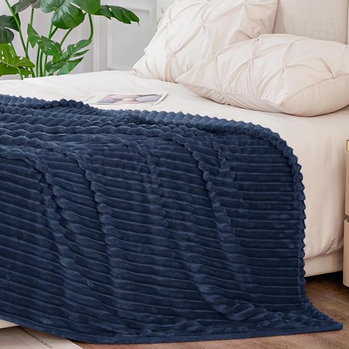BEDELITE 3D Ribbed Jacquard Navy King Size Blankets for Bed, 108x90 Inch | Soft Warm Decorative Fluffy Blanket, Cozy Fuzzy Lightweight Plush Fleece Throw Blankets for Bed, Room Decor, Gift for Women