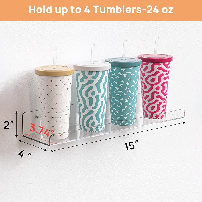upsimples 4 Pcs 15" Acrylic Shelves for Wall Storage and Organizer, Clear | Transparent Design Highlights Skincare, Perfume, Easy-to-Find Versatile Floating Shelves for Bathroom, Bedroom and Playroom