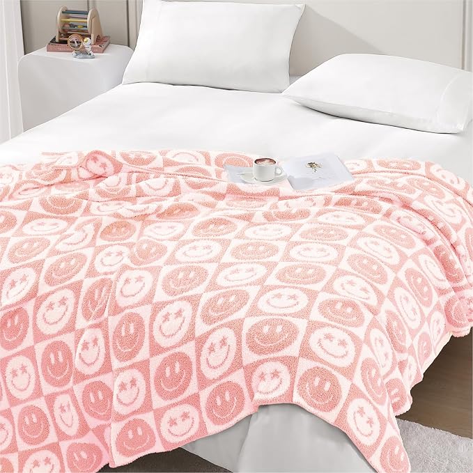 Soft Checkered Throw Blanket for Couch-Cozy Warm Knitted Blankets | Lightweight Warm Fluffy Decor for Women, Mom, Her & Girls, Sofa, Chair, Bed, 50x60in,Blossom Smiling Face