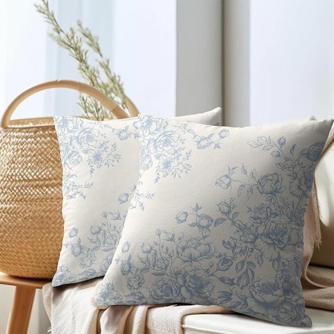 Kawani Chinoiserie Floral Throw Pillow Covers 18x18 Inch Set of 2, Vintage Light Blue White Flower Square Pillowcase Cotton Linen Cushion Case Farmhouse Home Decor for Sofa Couch Bed