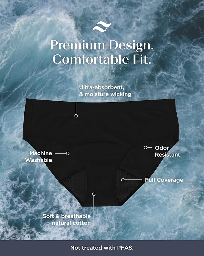 Saalt EveryWear Cotton Brief - Leakproof Period Underwear - Mid-Rise, Full Coverage Womens Underwear - Reusable & Washable - Replaces 3 Pads or 4 Tampons - Small, Volcanic Black