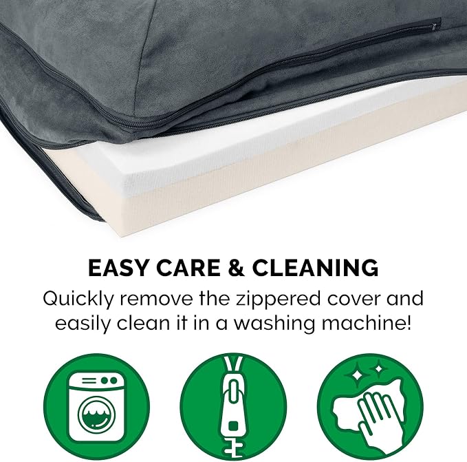 Furhaven Memory Foam Dog Bed for Large Dogs w/ Removable Bolsters & Washable Cover, For Dogs Up to 95 lbs - Two-Tone Plush Faux Fur & Suede L Shaped Chaise - Stone Gray, Jumbo/XL