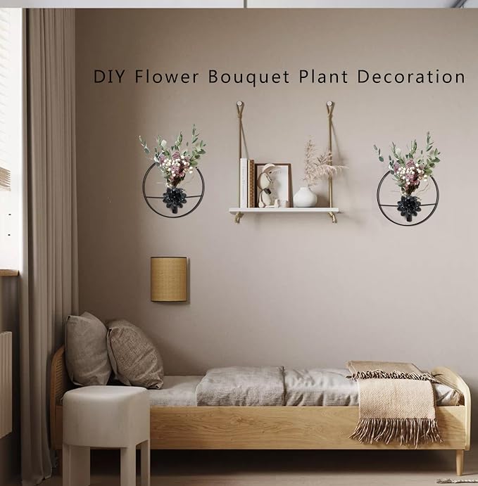 Metal Plants Wall Hanging Decor; Wall-Mounted Plants Wall; Plant Wall Decor; Metal Wall Hanging Vase for Living Room, Bedroom, Bathroom, Dining Room, Plant Wall-Mounted Decor (Black Large Flower)