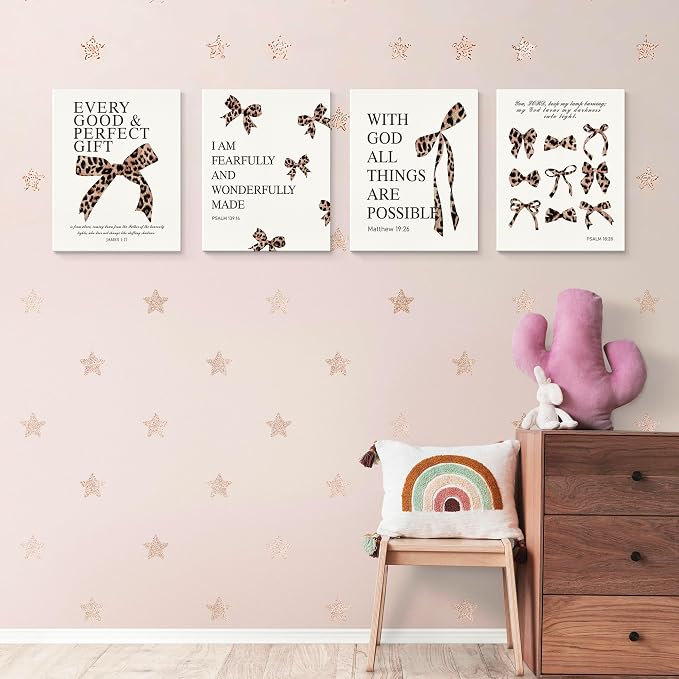 LARTSFRO Coquette Leopard Bow Christian Canvas Wall Art Decor Posters Prints, Y2K Cheetah Leopard Bow Room Bedroom Bathroom Dorm Wall Art Decor Aesthetic for College Teen Girls Gifts, Inspirational Bible Verses Bow Wall Decor, 11x14 Inch Set of 4 Pcs C...