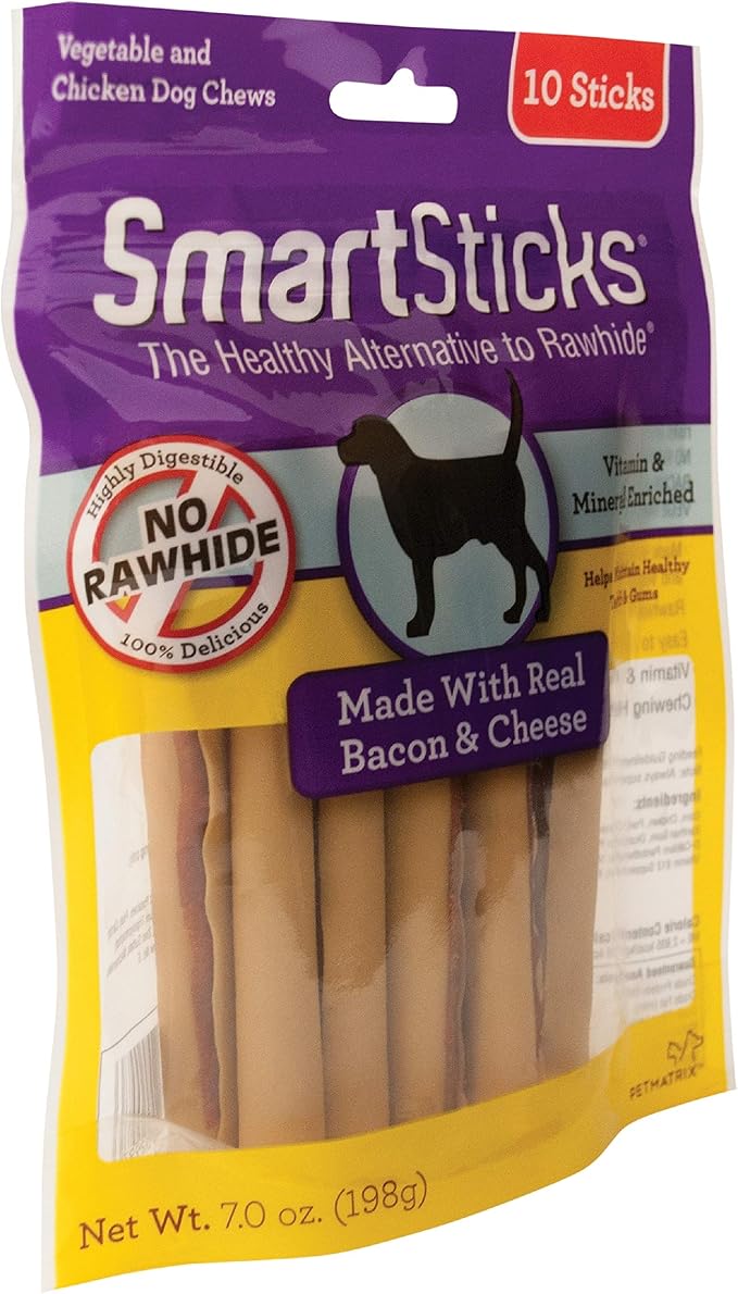 SmartBones SmartSticks Rawhide-Free Dog Treats, Bacon & Cheese, 10 Count | With With Real Bacon & Cheese, Easy To Digest Chew, Vitamin & Mineral Enriched, Helps Maintain Healthy Teeth, For Small Dogs