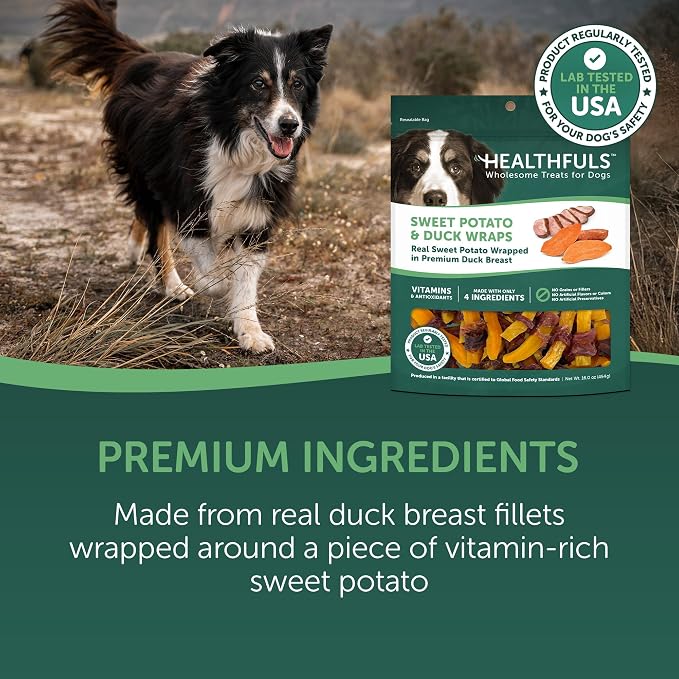 HEALTHFULS Real Sweet Potato & Duck Fillet Wraps, Natural Dog Treats, 16 oz | Natural Sweet Potato, Premium Duck Breast, Vitamins & Antioxidants, No Artificial Colors, Everyday Treat, For All Life Stages