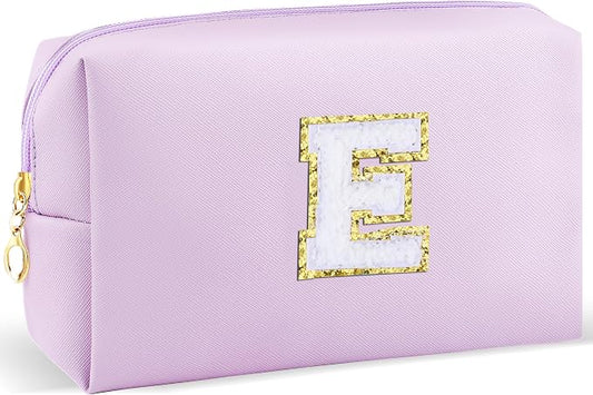 URSKYTOUS Gifts for Girls Initial Makeup Bag Personalized Cosmetic Bag with Zipper Cute Travel Toiletry Bag Waterproof PU Preppy Makeup Pouch Birthday Gift for Teen Girls Women(Purple E)