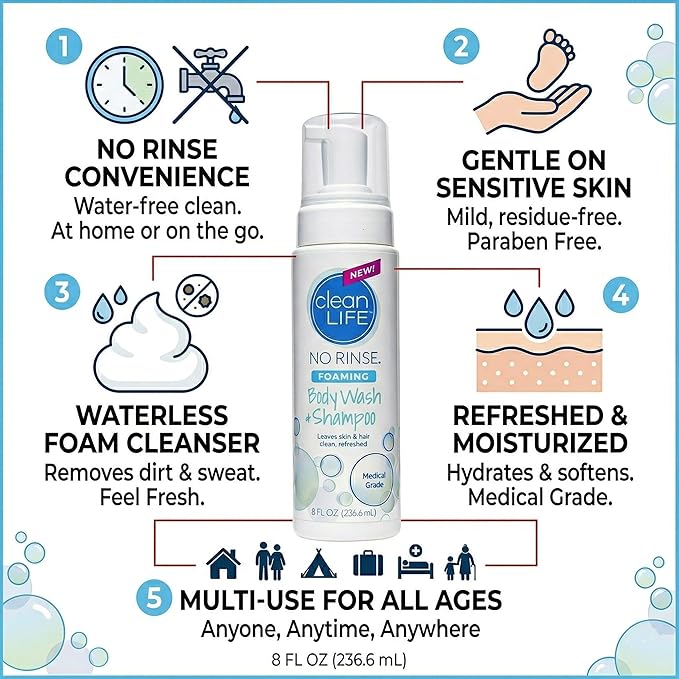 No-Rinse Foaming Body Wash - Waterless Foam Cleanser for Elderly, Adults, Kids, Infants & Caregiver - Rinse-Free for Sensitive Skin - Travel Size- Refreshed & Moisturized Skin - 8 fl oz (Pack of 3)