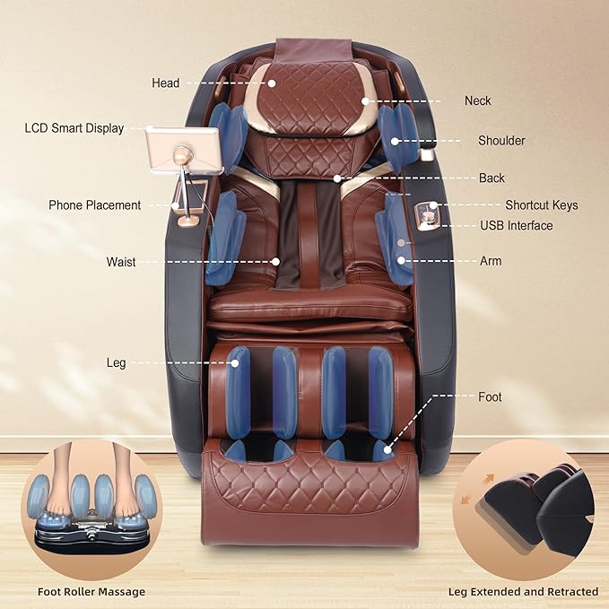 2025 4D Massage Chair Full Body, Zero Gravity Massage Chair with SL-Track & Heating, Massage Shiatsu Recliner Chair with Smart Voice Control, Touchable Screen, Airbags (Brown)
