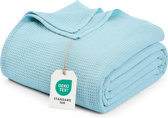 Utopia Bedding Cotton Blend Sky Blue Waffle Blanket Queen - 90x90 Inches | Lightweight, Skin Friendly, Breathable, All Season, Luxury, Bed, Couch, Sofa