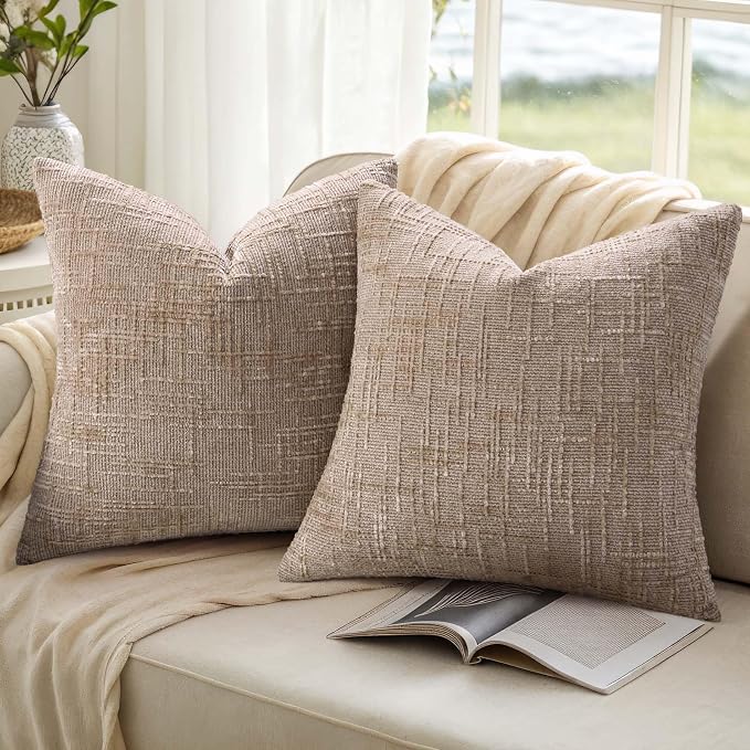 decorUhome Textured Chenille Throw Pillow Covers 16x16 Set of 2 Oatmeal | Fall Modern Farmhouse Soft Cozy Slubby Couch Pillow Cases Boho Decorative Pillow Cases for Bed Sofa Living Room Home Decor
